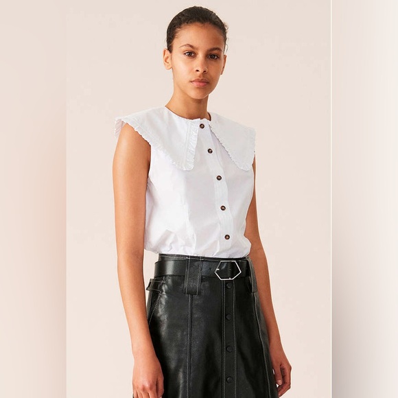 Ganni Tops - Ganni Cotton Poplin Sleeveless Frill Collar Shirt size 36 bright white Peter pan